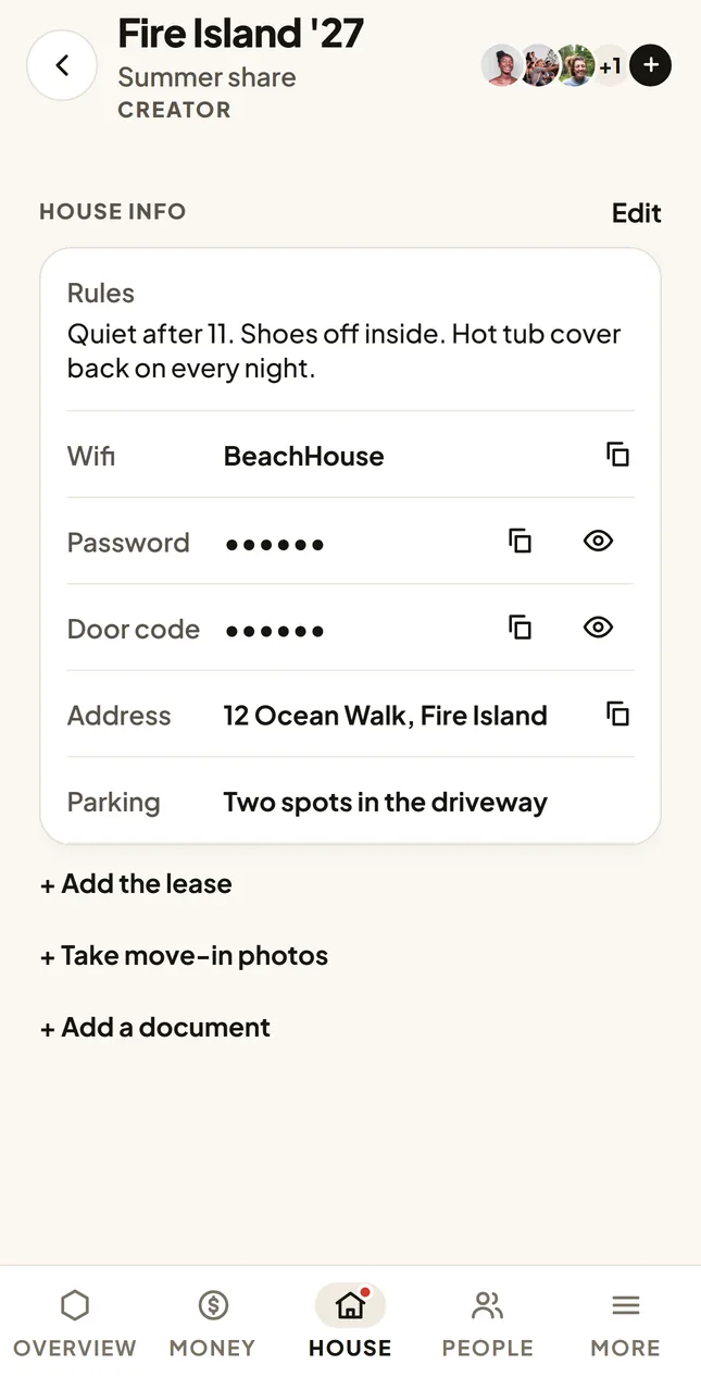 House info in TableCash: the rules, the wifi, the door code, the address and parking, each one tap to copy.