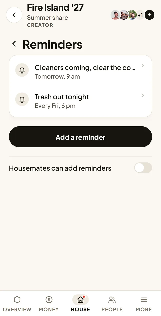 Reminders in TableCash: cleaners coming tomorrow at 9 am, and trash out tonight every Friday at 6 pm.